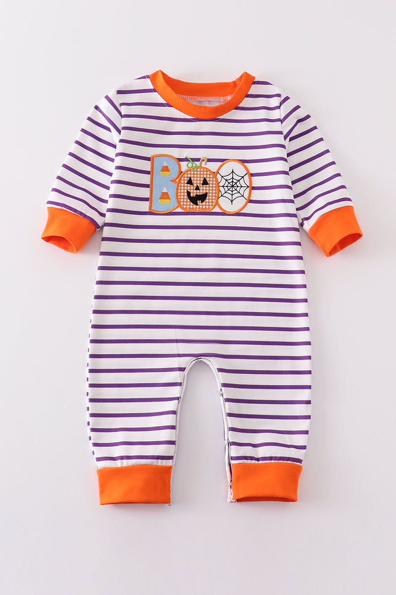 Purple Stripe Boo Applique Romper - Boy