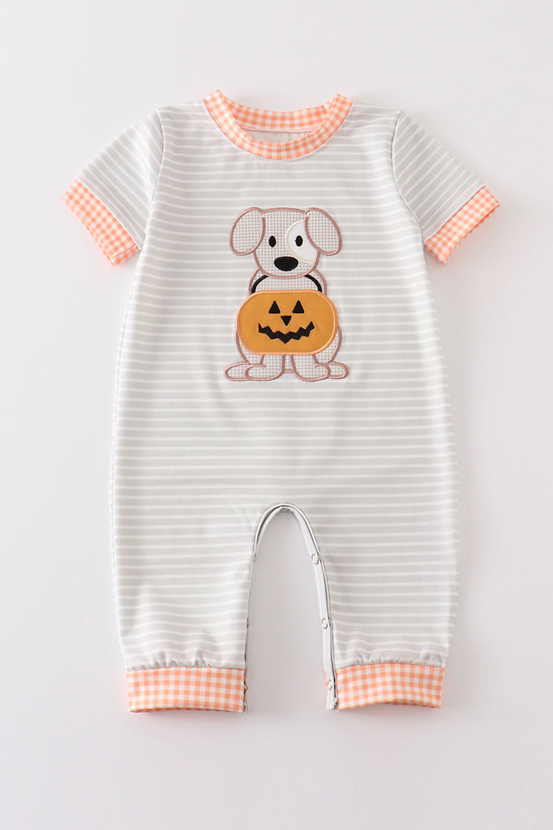 Grey Stripe Pumpkin Applique Romper