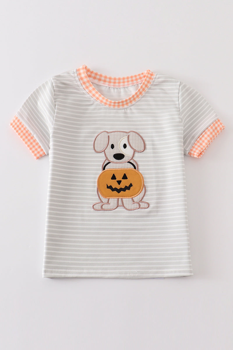 Grey Stripe Pumpkin Applique Top