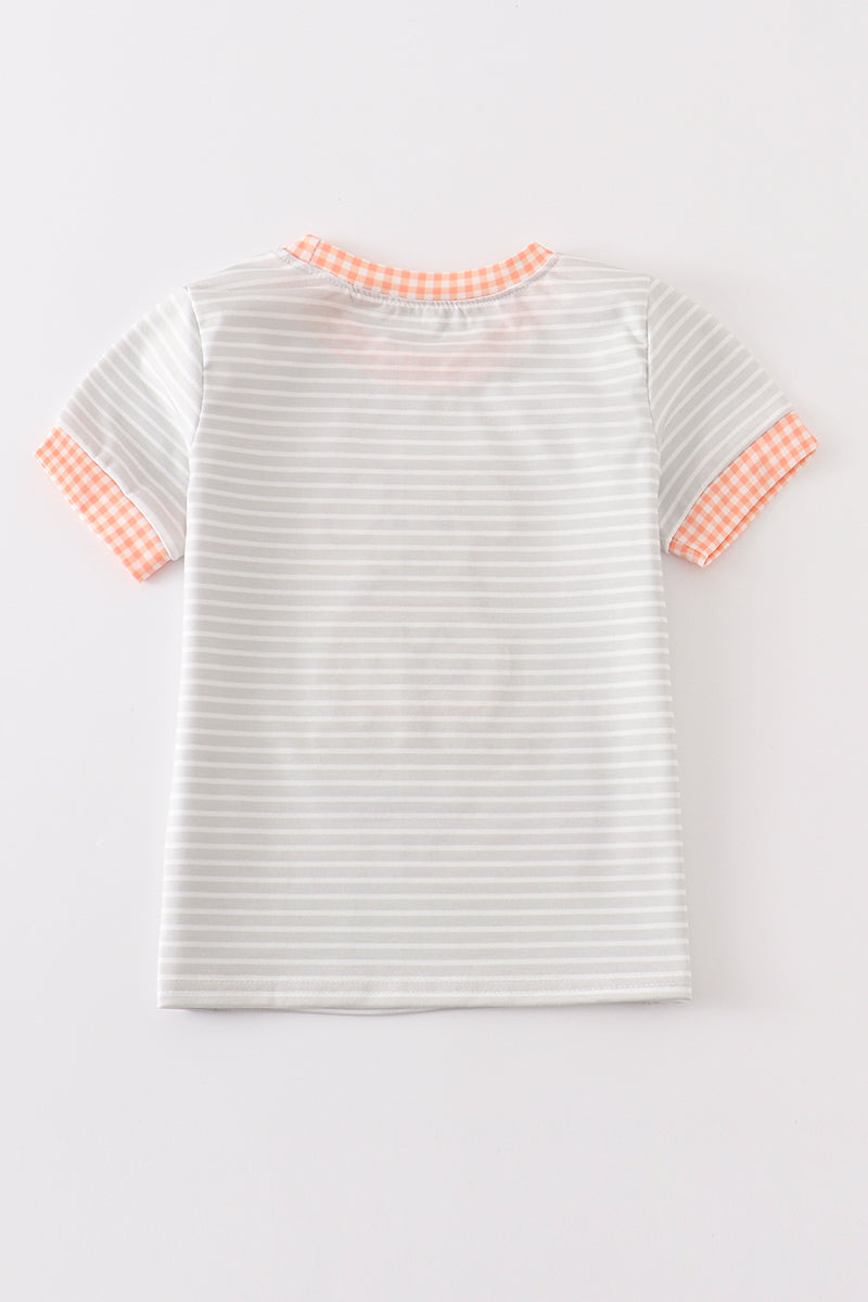 Grey Stripe Pumpkin Applique Top