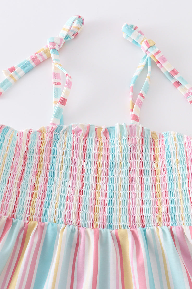 Pink stripe smocked strap dress