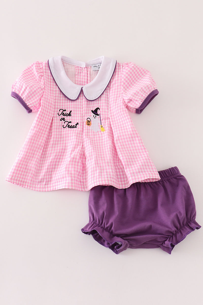 Pink plaid halloween embroidery baby set