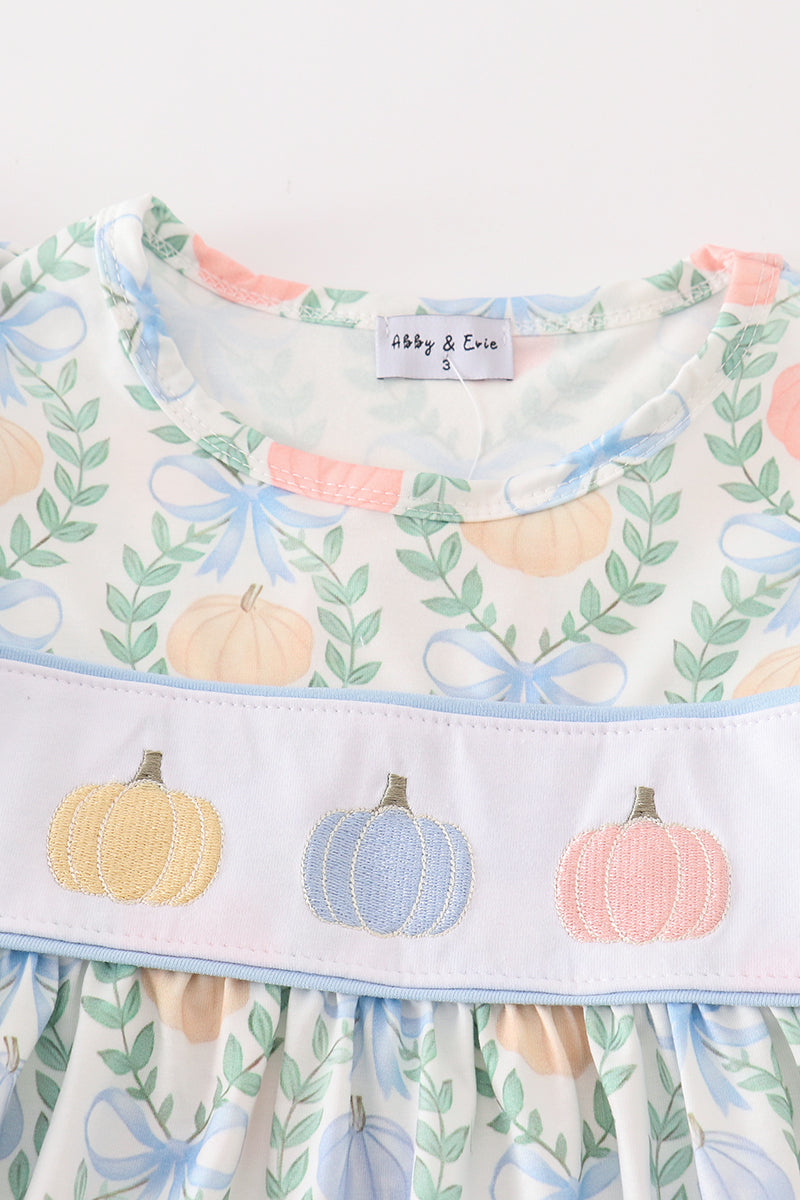 Blue pumpkin embroidery ruffle dress