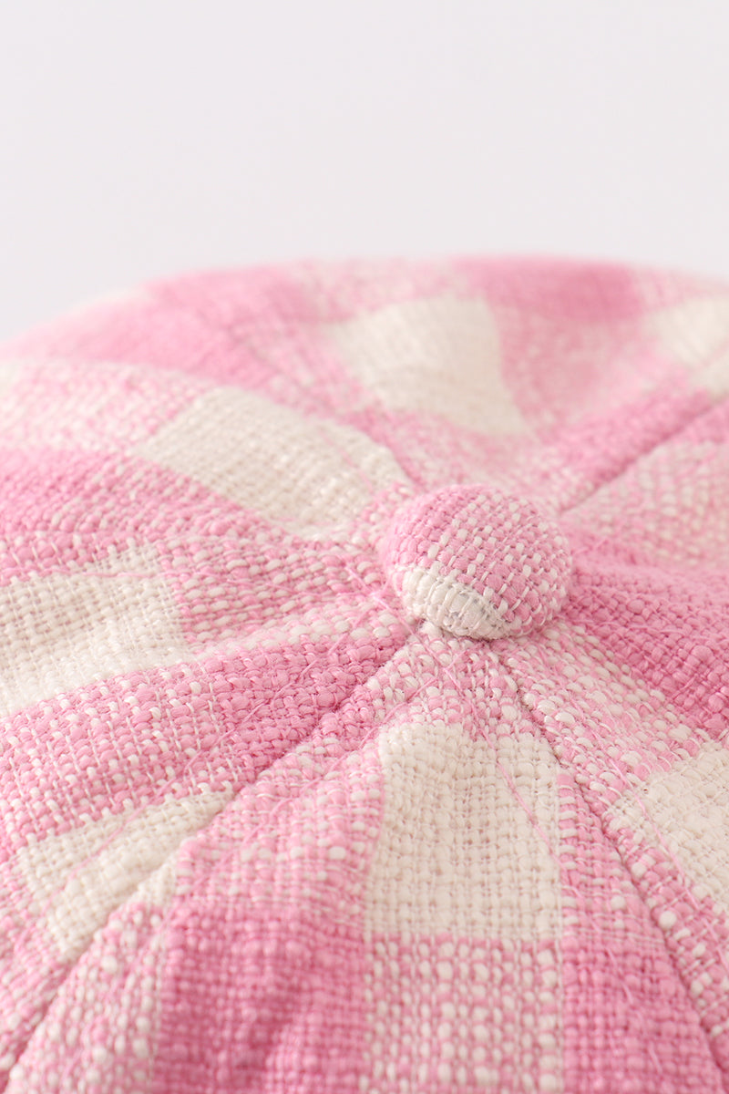 Pink plaid bow embroidery baseball cap