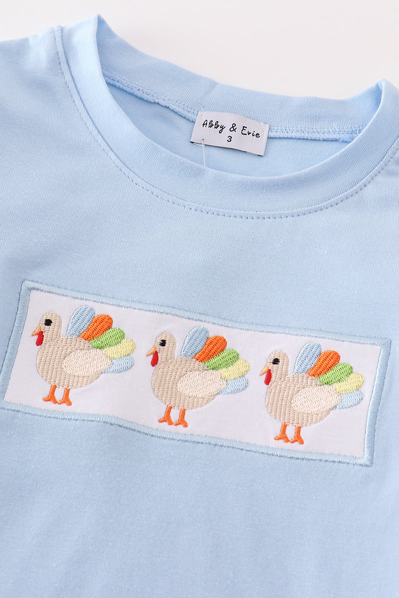 Blue turkey embroidery boy top