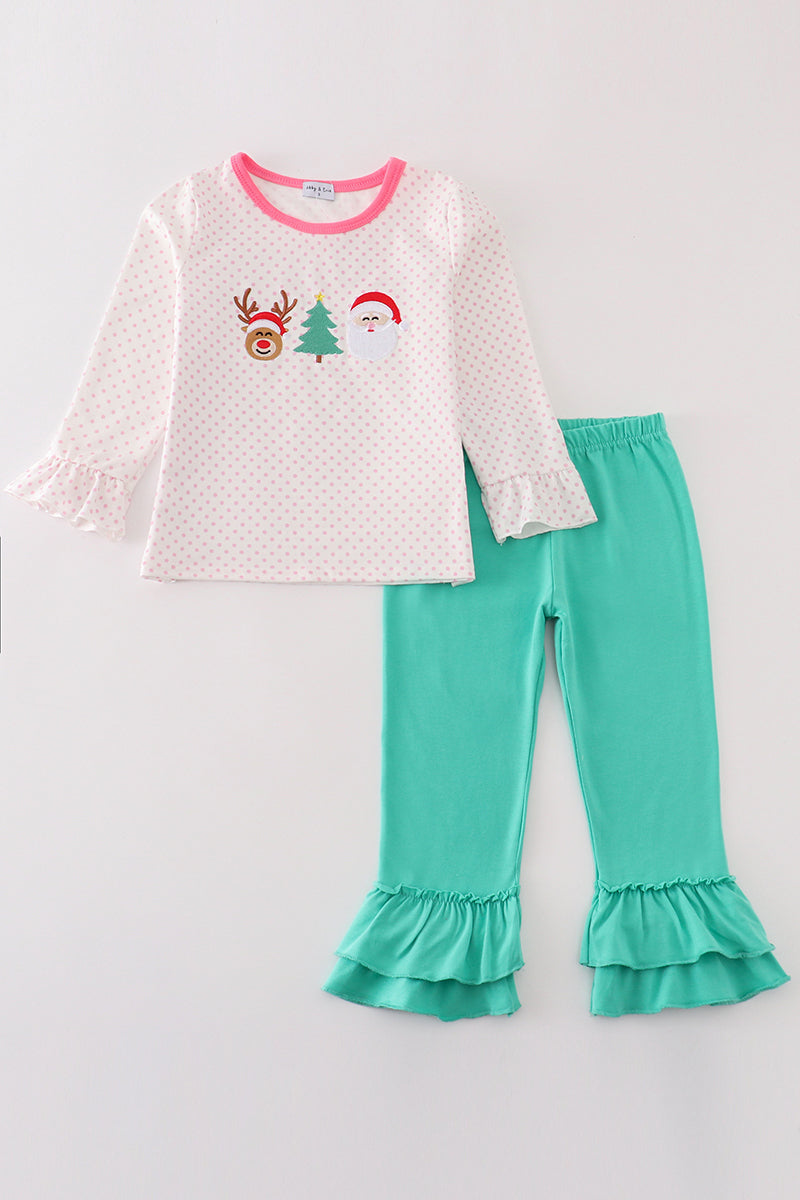 Pink christmas santa reindeer tree embroidery girl set