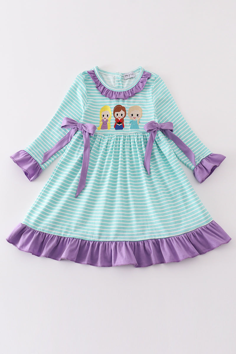 Green stripe princess embroidery girl dress