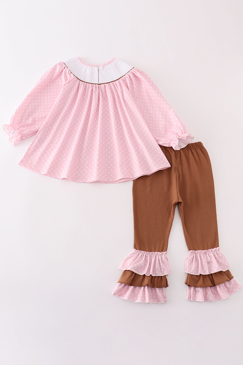 Pink dot smocked western embroidery girl set