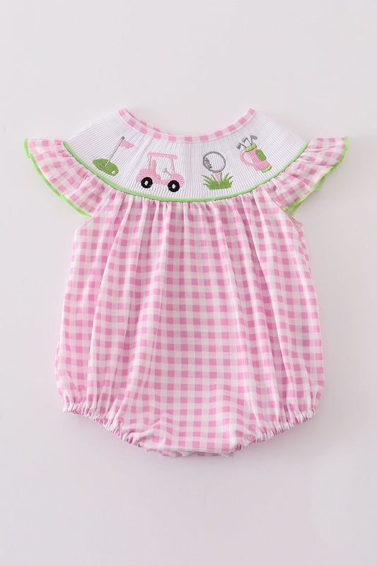 Pink golf embroidery gingham girl bubble