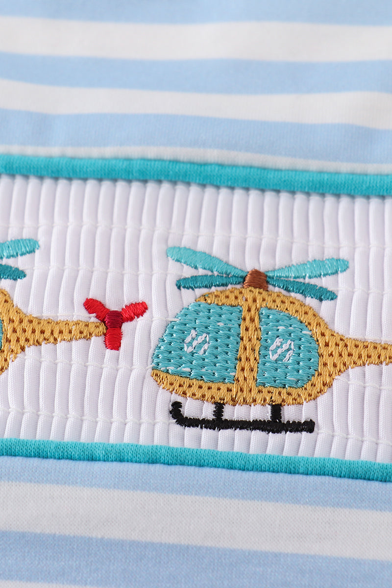 Blue stripe helicopter embroidery smocked boy jonjon