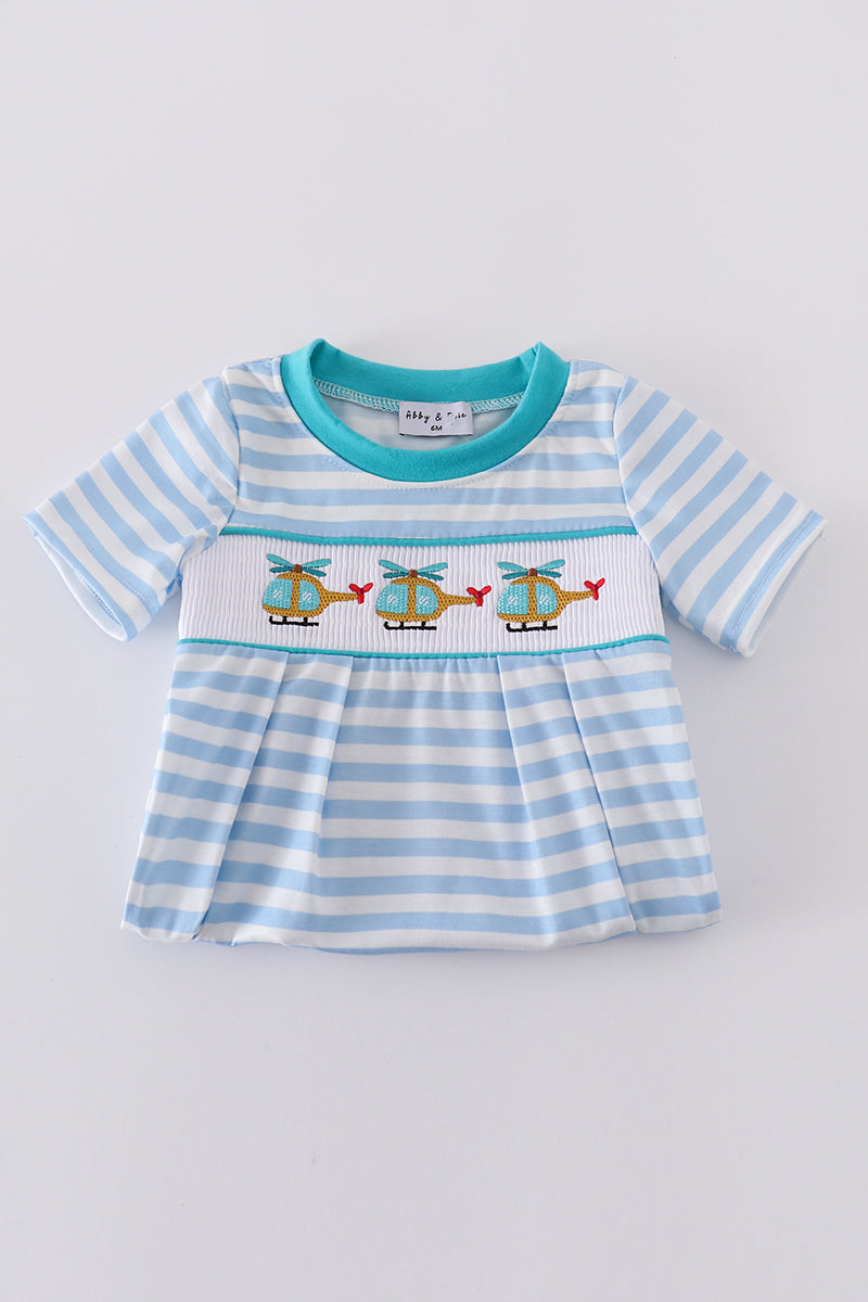 Blue stripe helicopter embroidery smocked boy romper