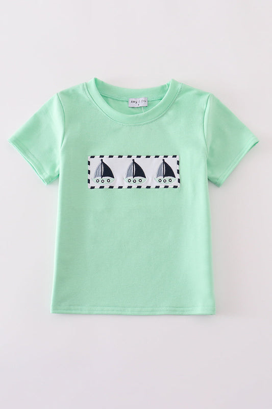 Green seersucker sailboat embroidery top