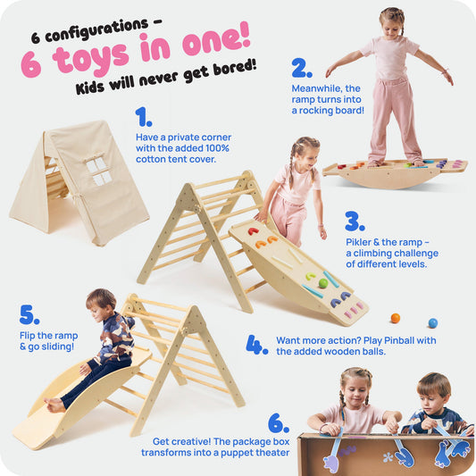 Pikler Triangle Kit 6 in 1 - Unique Patented Design, Inspired by Montessori