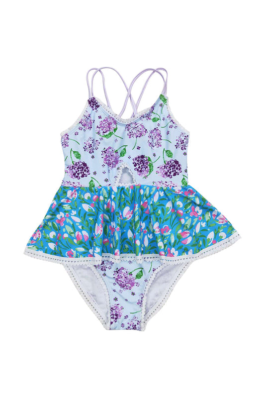 Blue floral print girl swimsuit