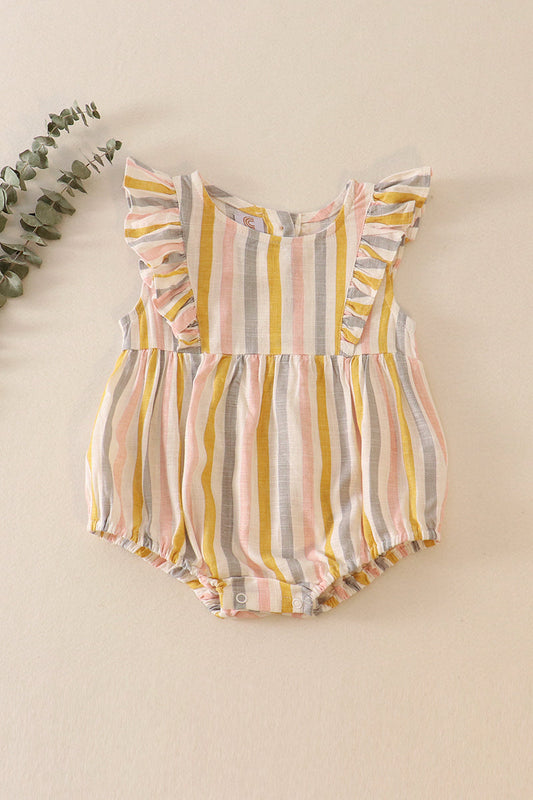 Multi stripe linen girl ruffle bubble