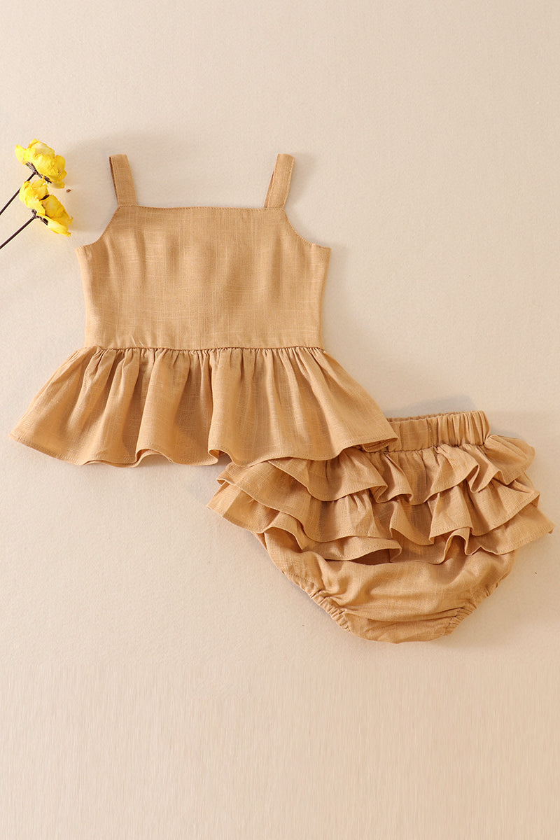 Beige linen ruffle 2pc baby set