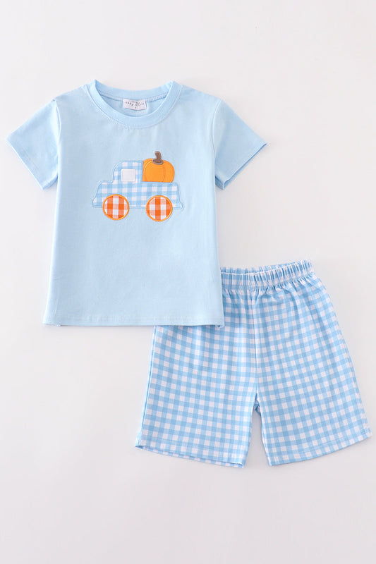 Blue truck pumpkin embroidery boy set