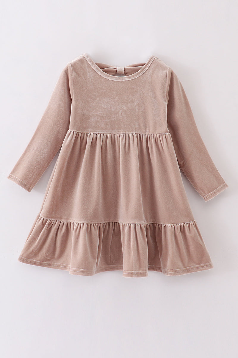 Premium Beige velvet tiered ruffle dress