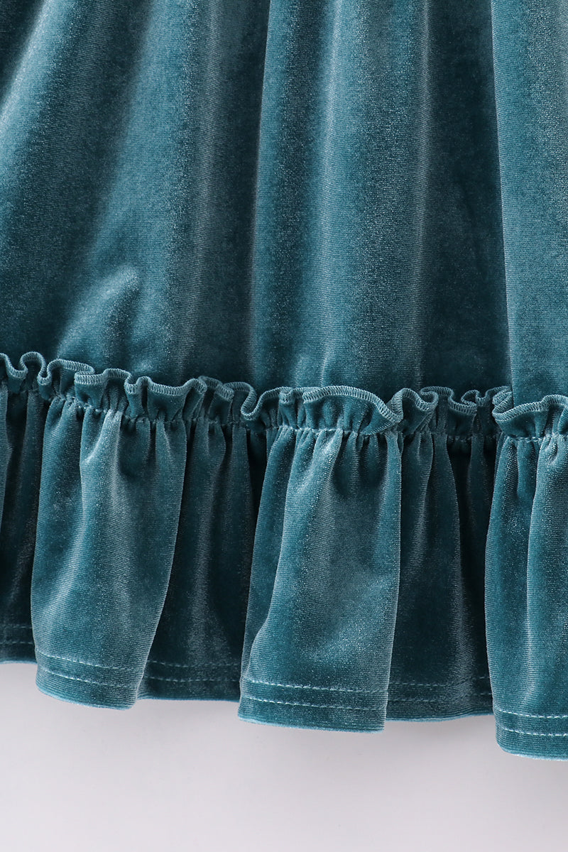 Premium Teal velvet ruffle dress