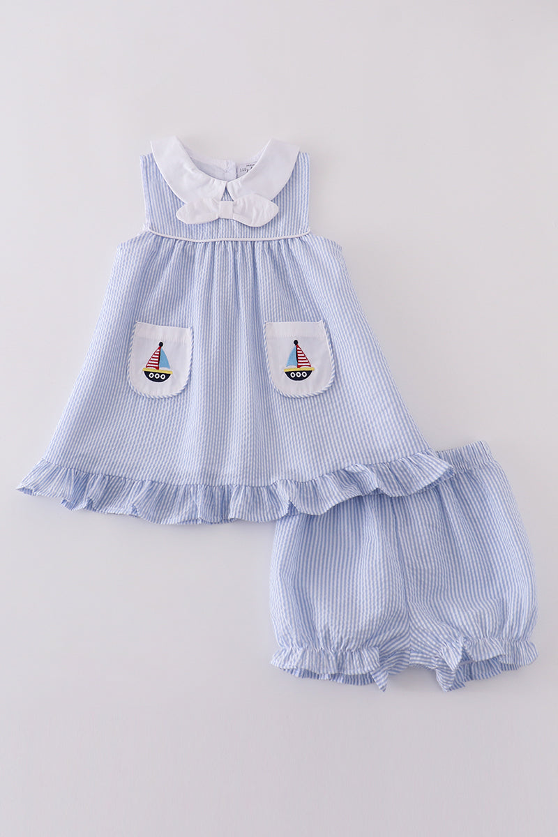 Premium Blue sailboat embroidery bloomer set