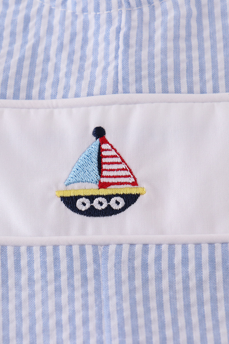 Premium Blue sailboat embroidery jonjon