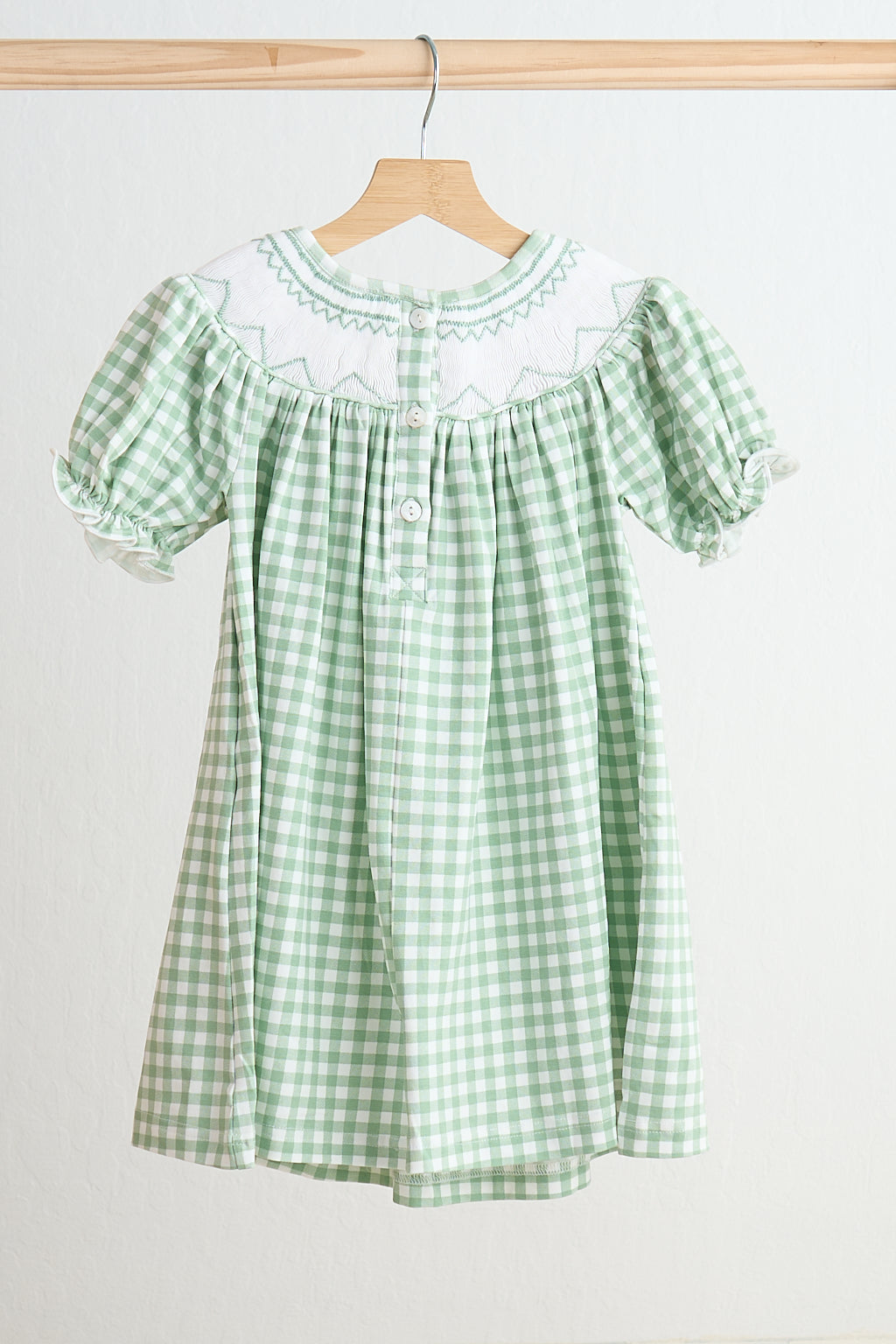 Green bow tie hand smocked gingham dress