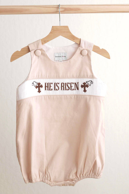 Khaki he is risen hand-smocked boy bubble