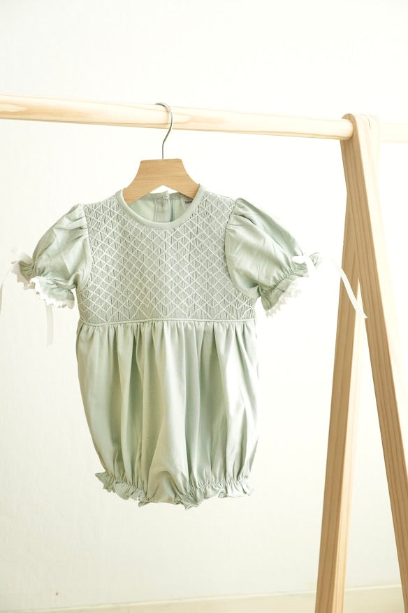 Sage hand-smocked lace girl bubble