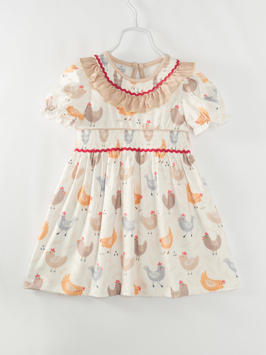 Beige Chicken Ruffle Smocked Girl Dress