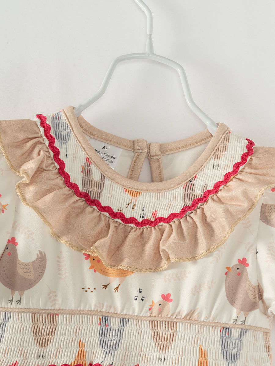 Beige Chicken Ruffle Smocked Girl Dress