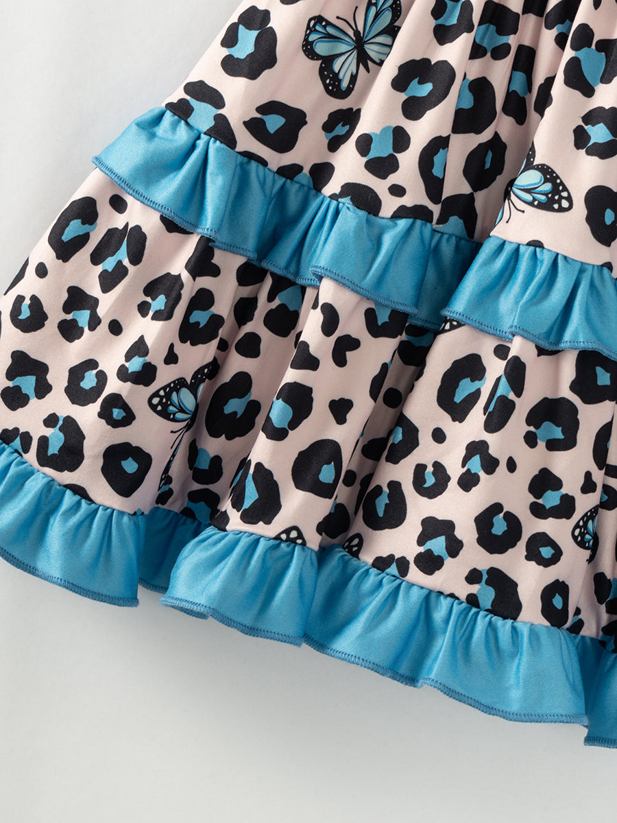 Blue Leopard Butterfly Ruffle Girl Twirl Dress