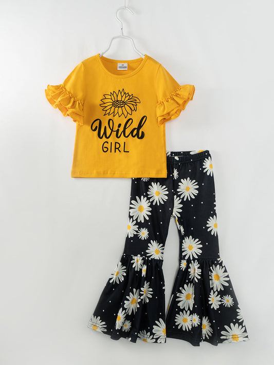 Yellow Daisy Wild Girl Ruffle Girl Bell Bottom Outfit