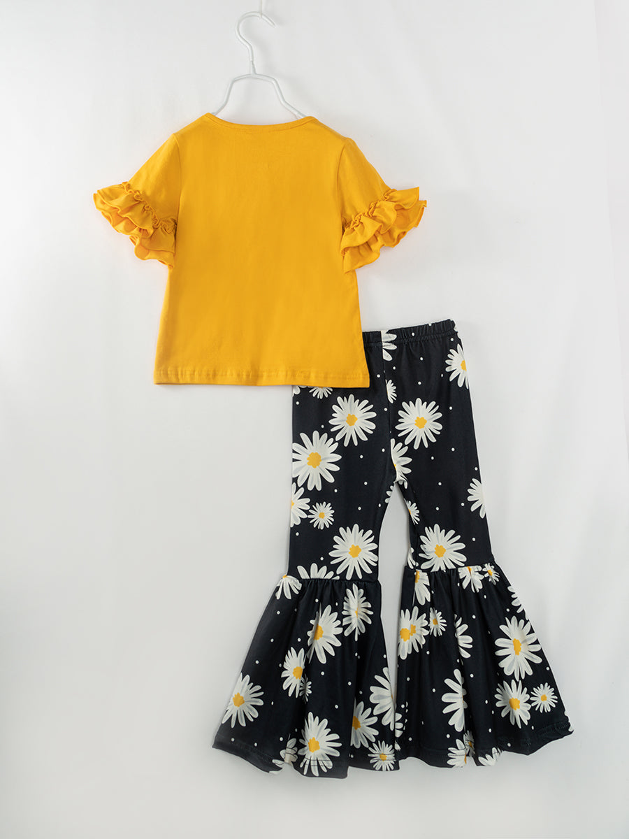 Yellow Daisy Wild Girl Ruffle Girl Bell Bottom Outfit