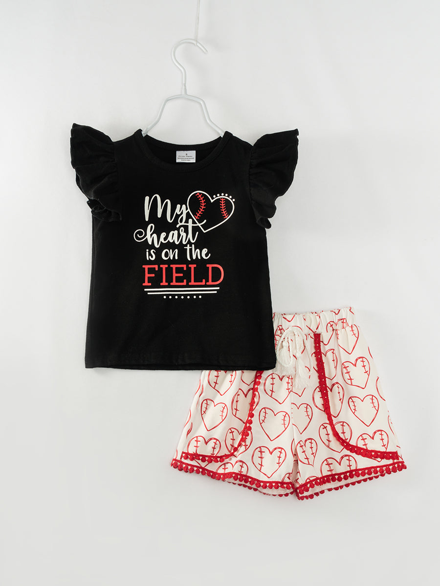 Baseball Heart Ruffle Girl Short Set