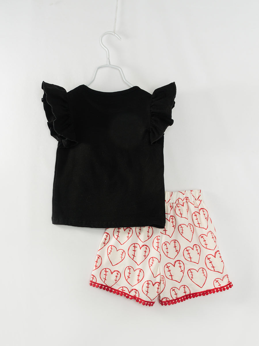 Baseball Heart Ruffle Girl Short Set