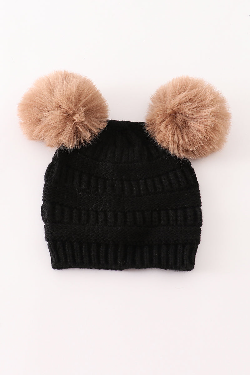 Black double pompom cable beanie