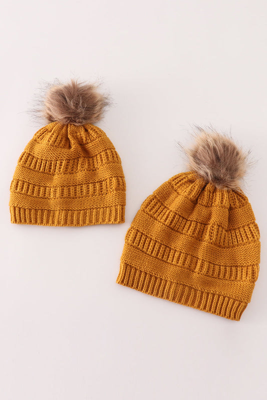 Mustard pompom cable beanie