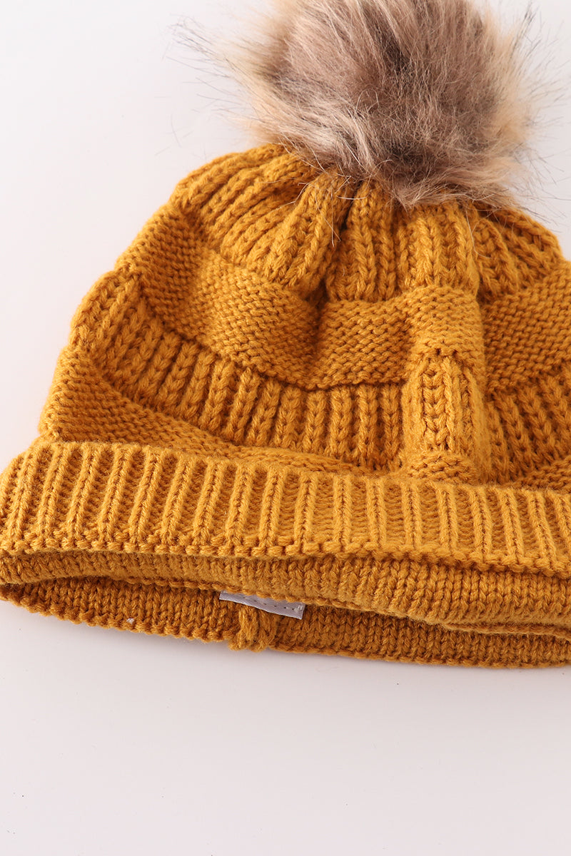 Mustard pompom cable beanie