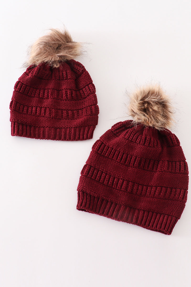 Burgundy pompom cable beanie