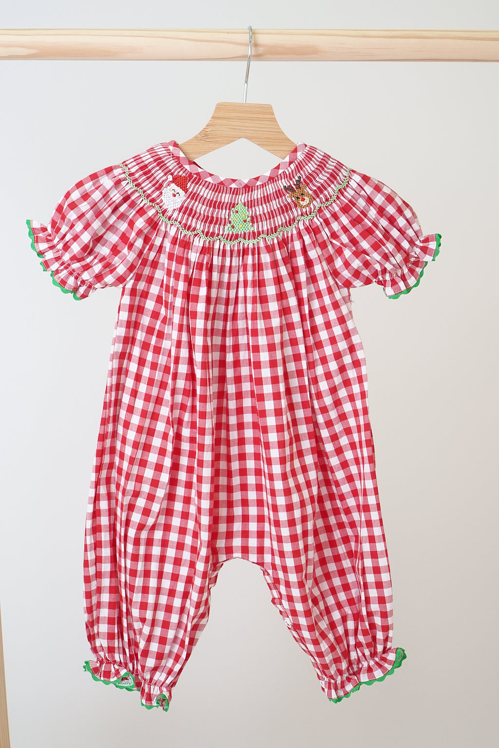 Red chrismtas santa tree reindeer hand smocked gingham romper