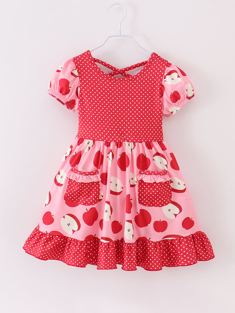 Back to School Red Apple Polka Dots Pocket Girl Dress