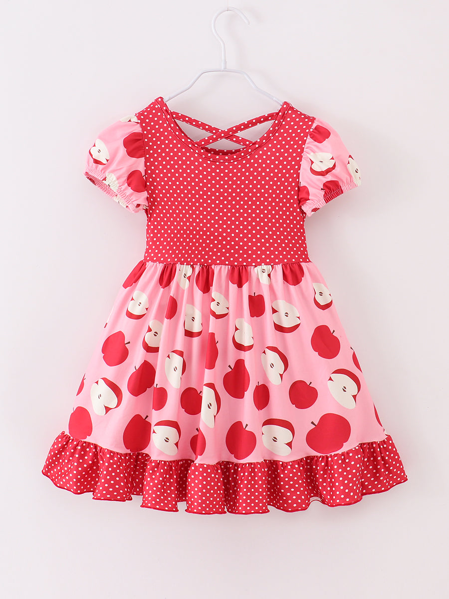 Back to School Red Apple Polka Dots Pocket Girl Dress