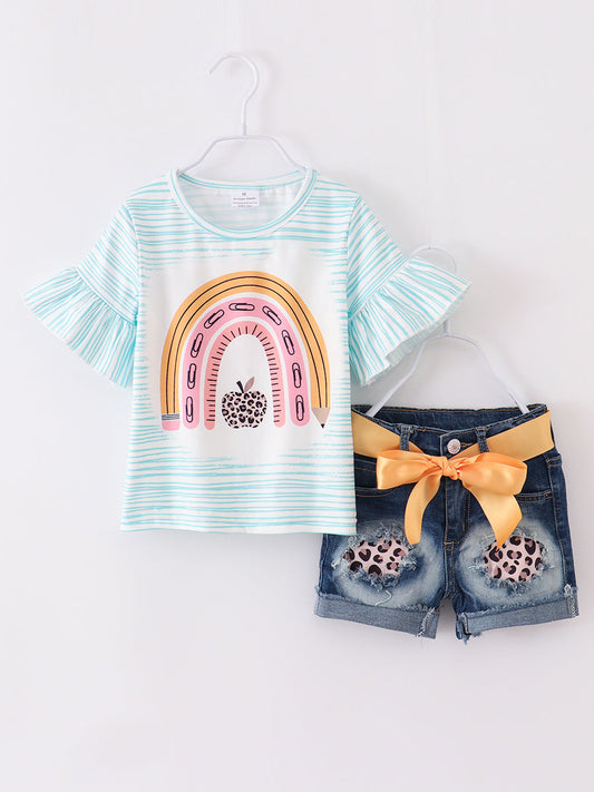 Back to School Rainbow Apple Girl Denim Short Set