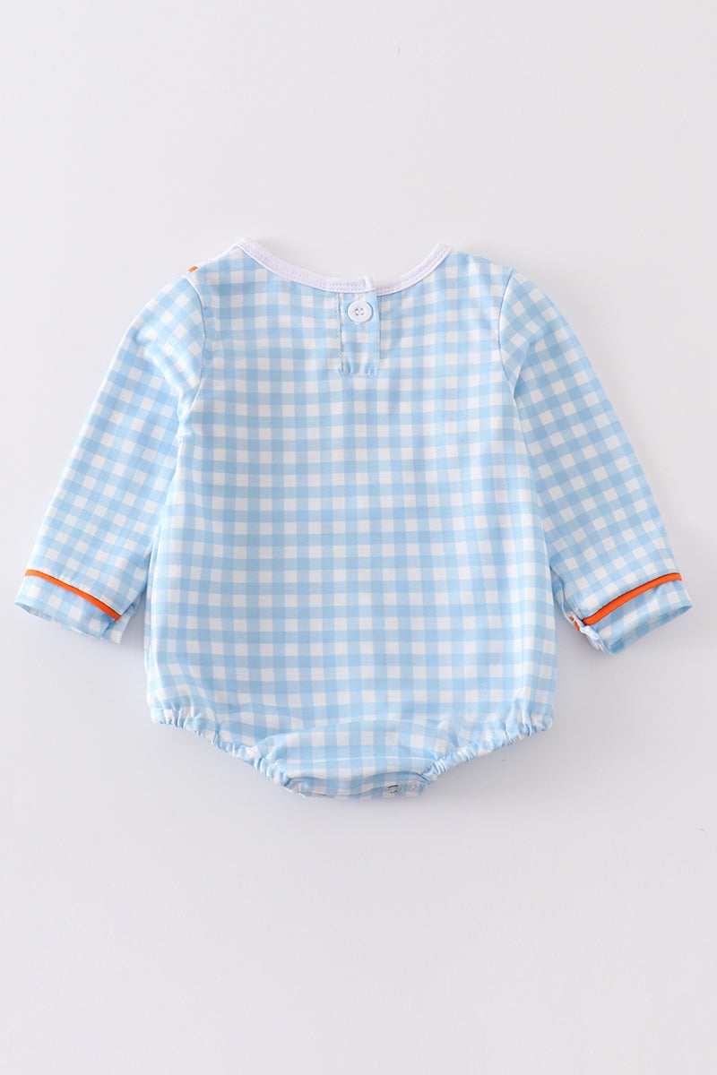 Blue Plaid Pumpkin Embroidery Bubble - Boy