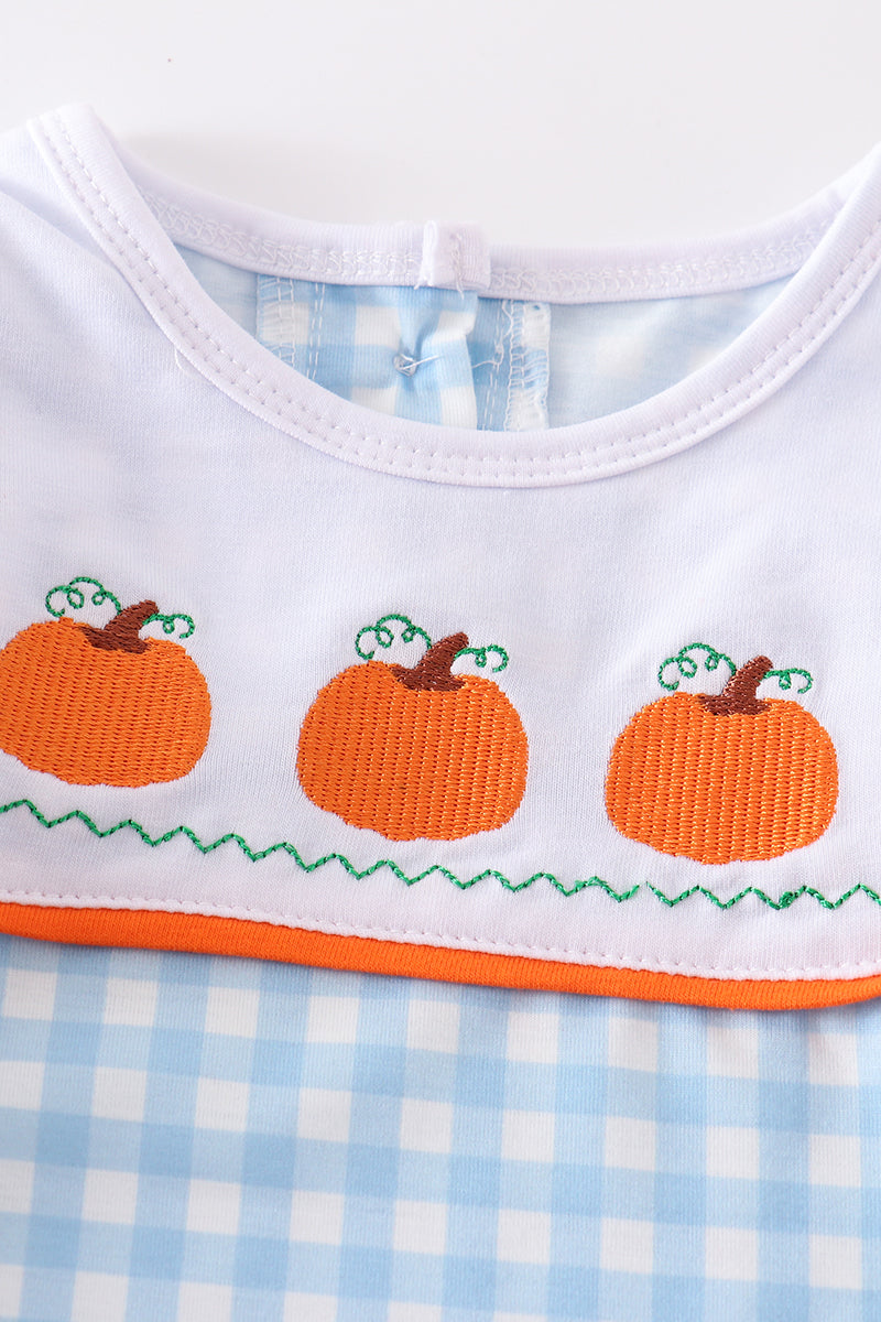 Blue Plaid Pumpkin Embroidery Bubble - Boy