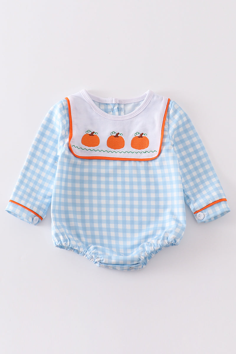 Blue Plaid Pumpkin Embroidery Bubble - Boy