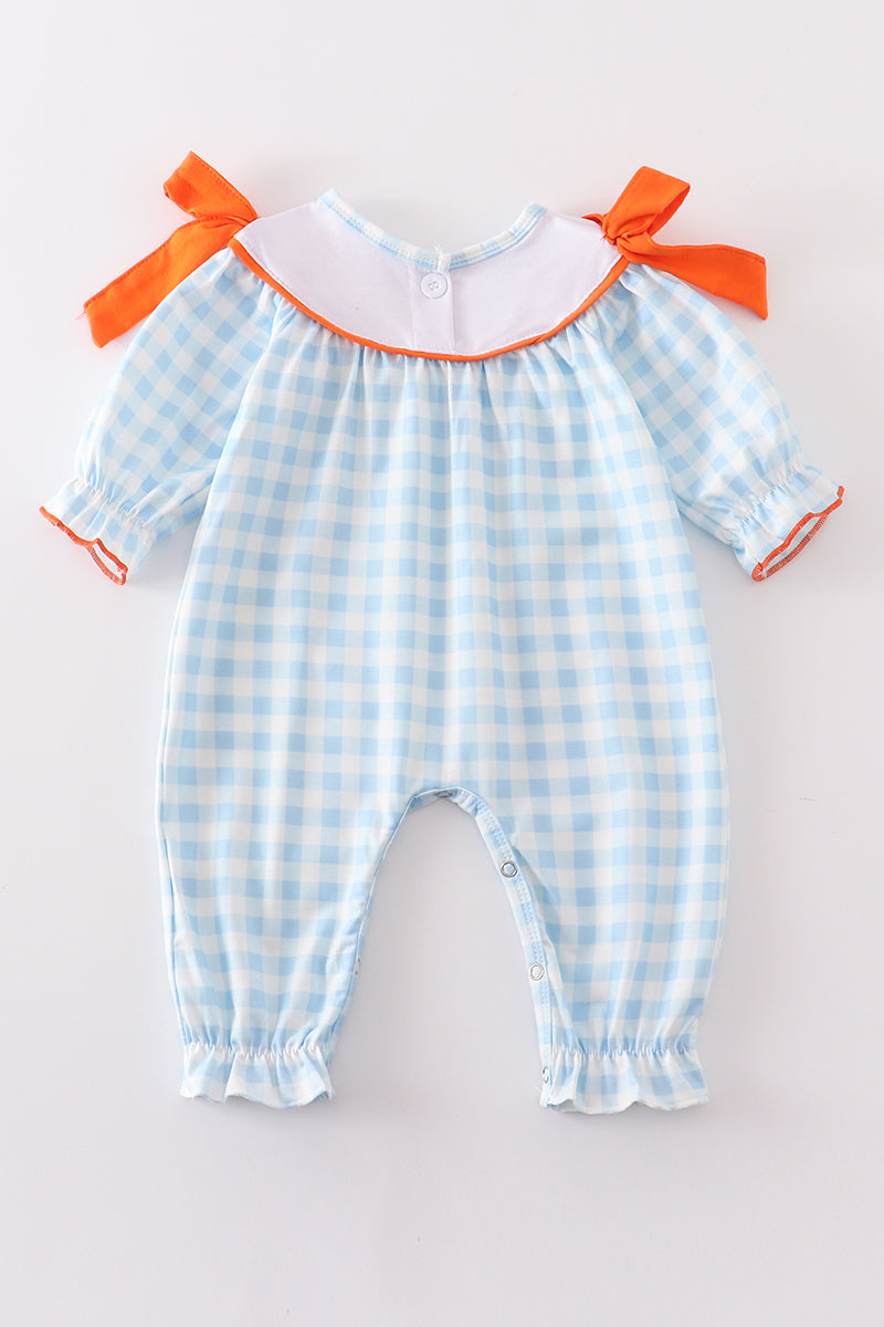 Blue Plaid Halloween Embroidery Romper - Girl