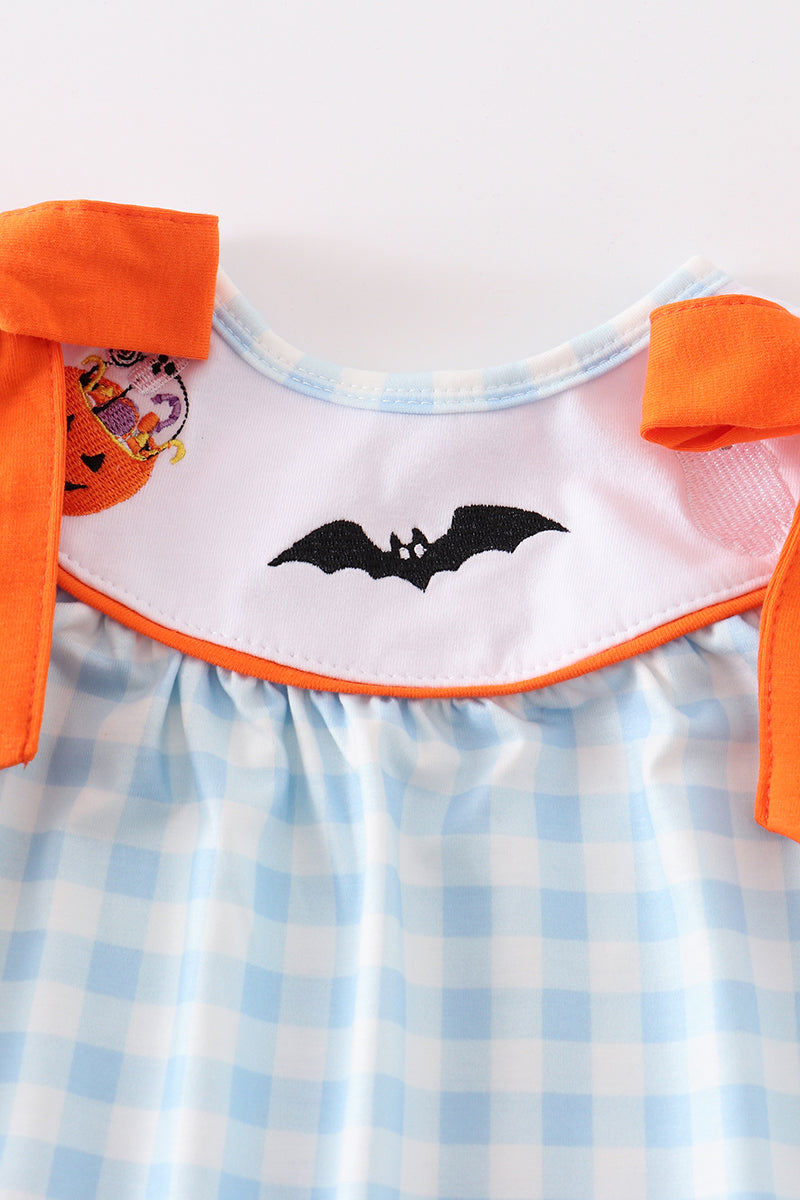 Blue Plaid Halloween Embroidery Romper - Girl