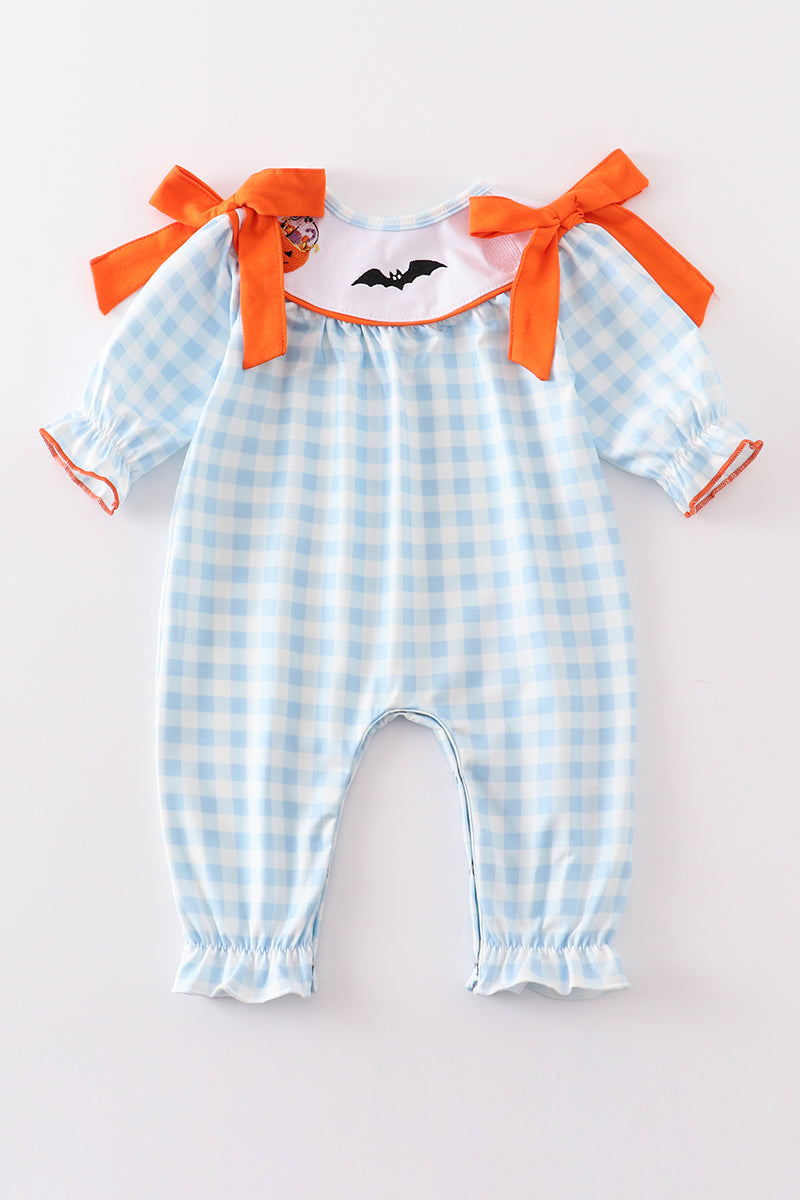 Blue Plaid Halloween Embroidery Romper - Girl