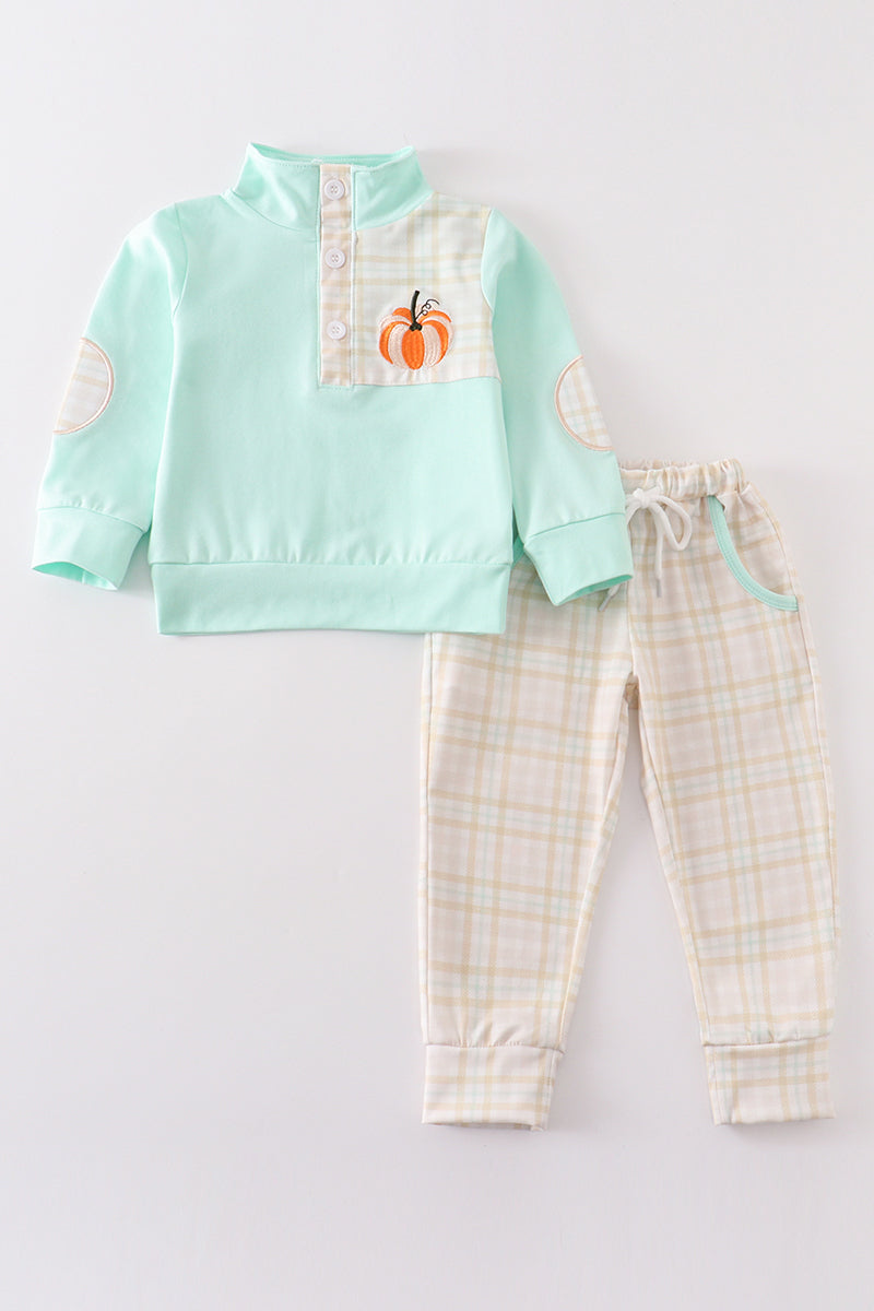 Yellow Pumpkin Embroidery Plaid Set